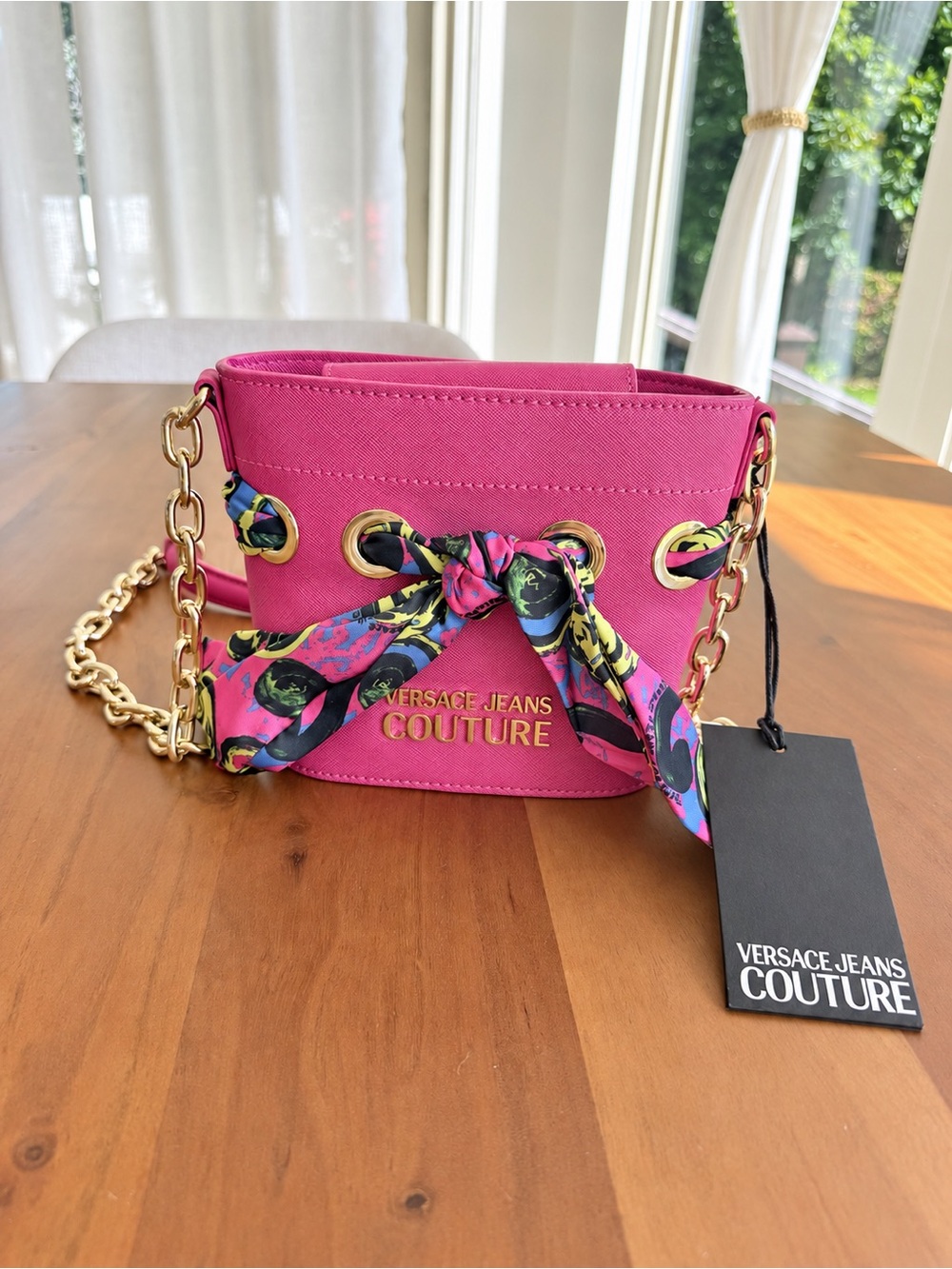 💖 NWT Versace Jeans Couture Thelma Mini Bucket Bag | Pink Scarf & Gold Chain
